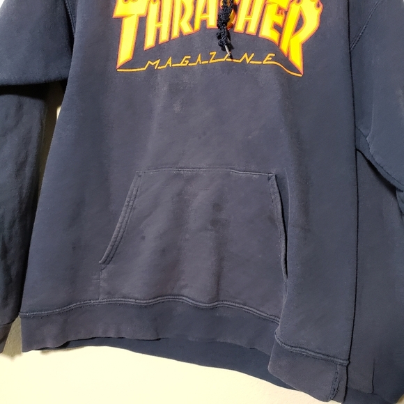 THRASHER‎ MAGAZINE x VINTAGE flame logo navy pull over hoodie size Small - Picture 8 of 10